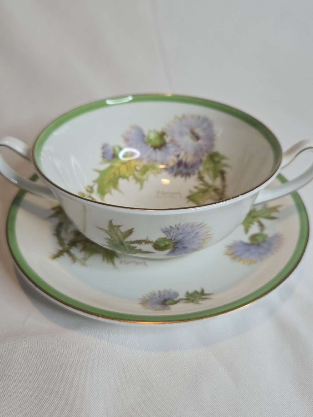Vintage Royal Doulton Glamis Thistle Footed Cream Soup Bowl Saucer Set England